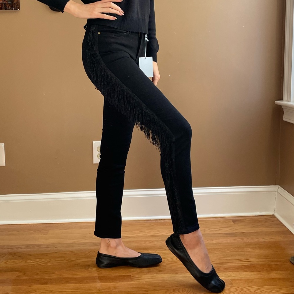 🖤FRAME denim Le high black straight fit Jeans with fringe trim, size 24